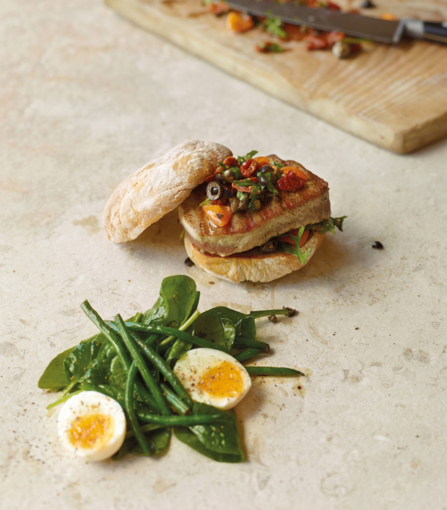 Seared Tuna Nicoise Hash in Ciabatta with Chunky Tapenade illustration