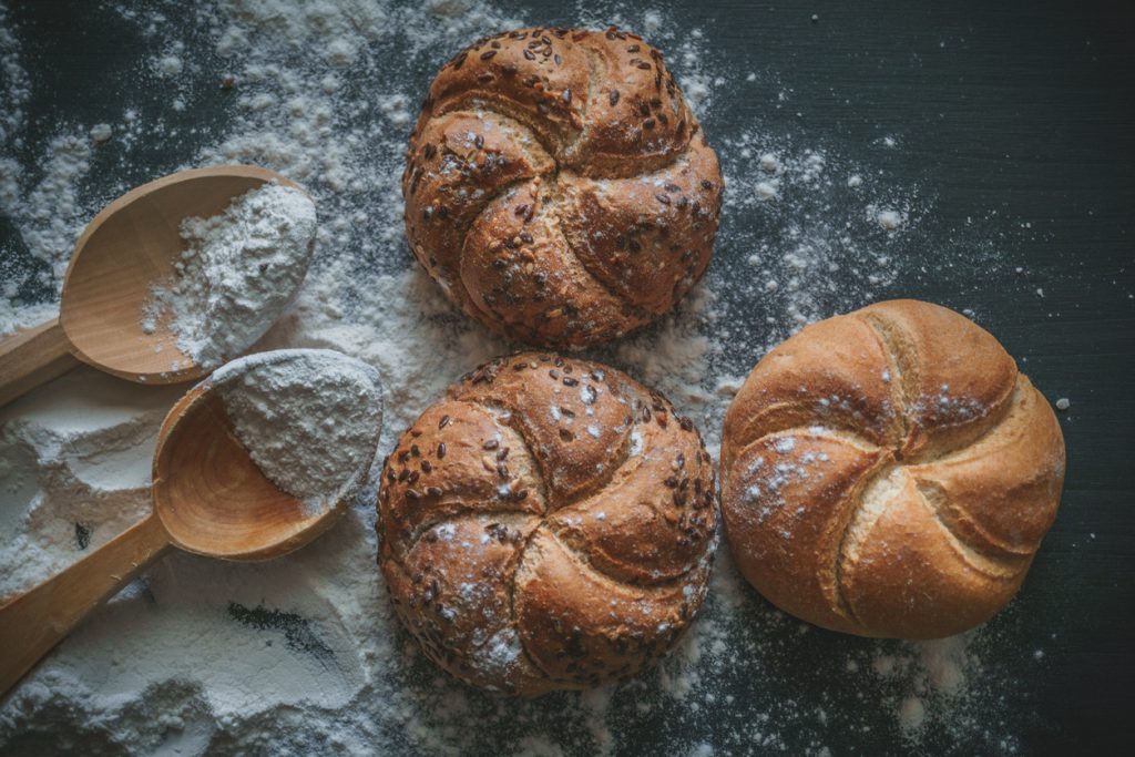 Bread with wheat flour sprinkled around.